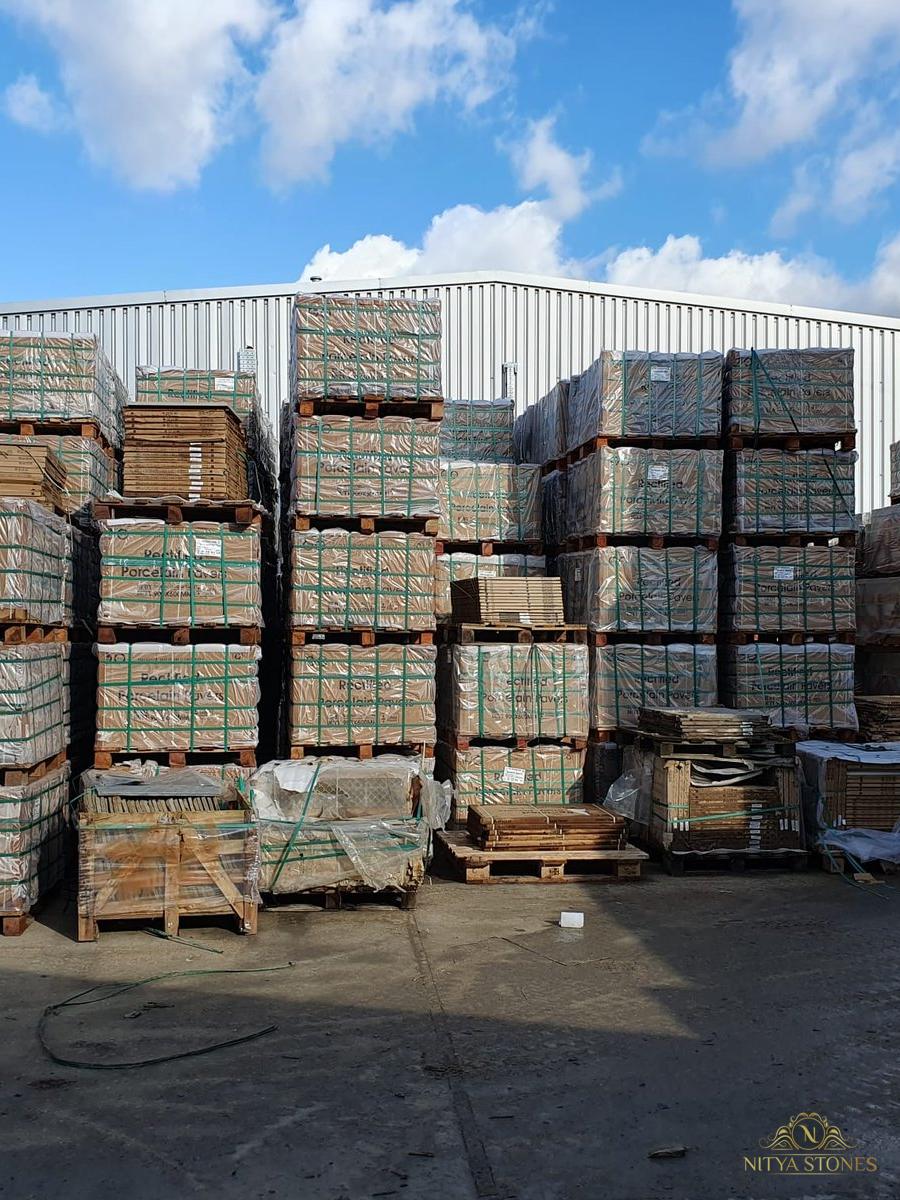 Pallets of paving in the Nitya Stones yard